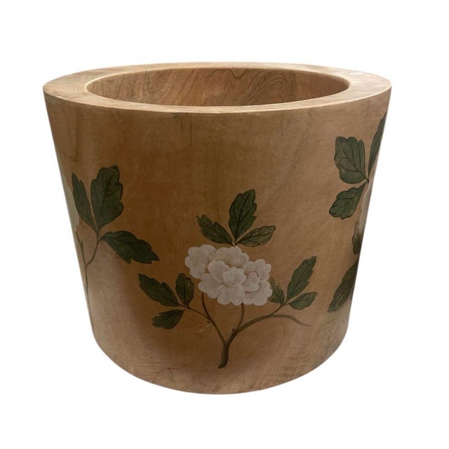2020s Hand-Painted Floral Wood Cachepot With Peony Motif For Sale - Image 5 of 8