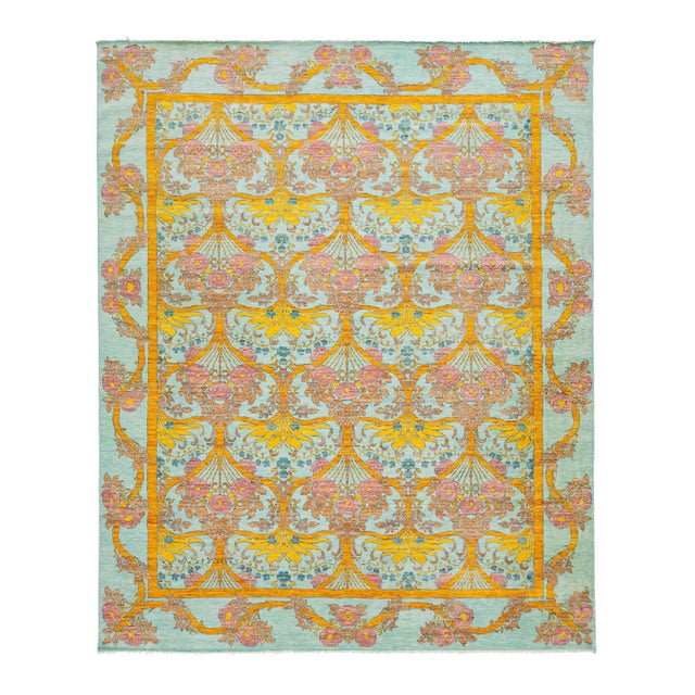 12 X 15 Modern Oushak Style Wool Rug in Light Blue Features Allover Pattern For Sale