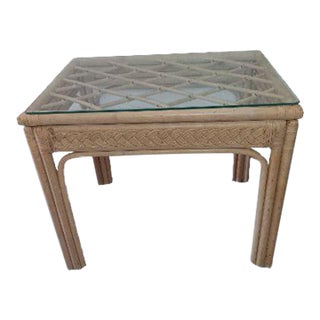 1980s Bamboo Rattan Accent Table Glass Top Beige For Sale