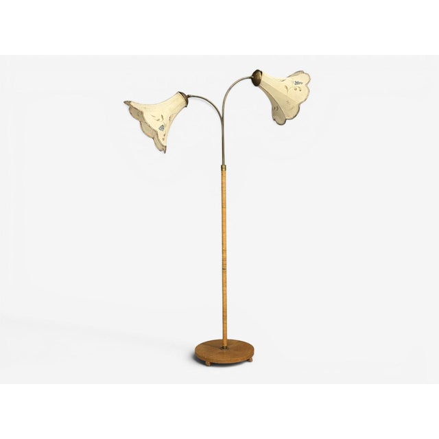 Mid-Century Modern 1940s Swedish Modern, Floor Lamp, Rattan, Elm, Fabric For Sale - Image 3 of 14