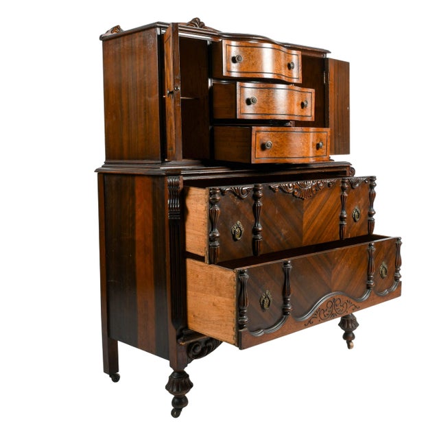 American Art Deco Burl Walnut Highboy Dresser With Vanity Cabinet For Sale In Greensboro - Image 6 of 7