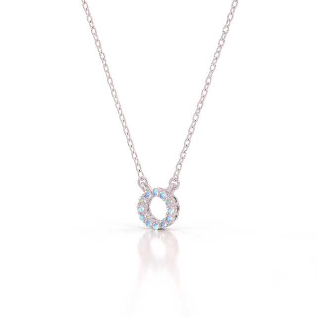 Contemporary Moonstone Circle Pendant Necklace | 925 Sterling Silver Halo Necklace | Dainty Rainbow Stone Necklace For Sale - Image 3 of 3