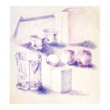 Mid-Century Still-Life Violet Tabletop Pop Art Drawing by Salvatore Grippi 1960 For Sale