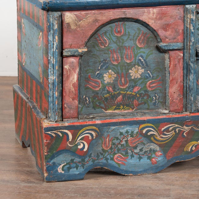 Blue 19th Century Original Blue and Red Painted Pine Large Flat Top Trunk For Sale - Image 8 of 15