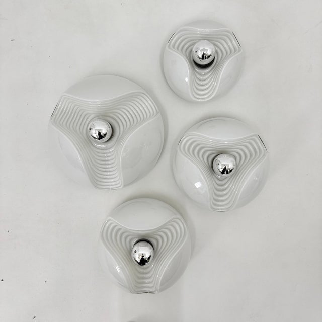 Milk Glass Wave Wall Lamps from Peill & Putzler, 1970s, Set of 4, in Very Good conditions. Designed 1970 to 1979 This...