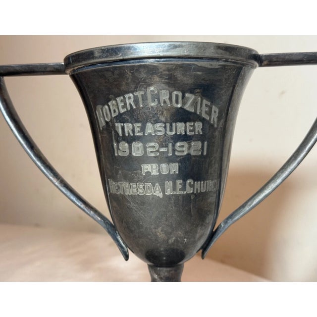 Art Deco Share Antique 1902-21 Silverplate Engraved Bethesda Me Church Treasurer Trophy Award For Sale - Image 3 of 8
