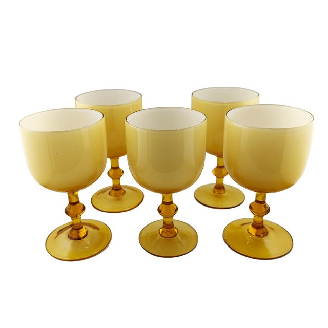 1970s Italian Amber and Cased Opaline Glass Wine Goblets Carlo Moretti - Set of Five For Sale - Image 9 of 9