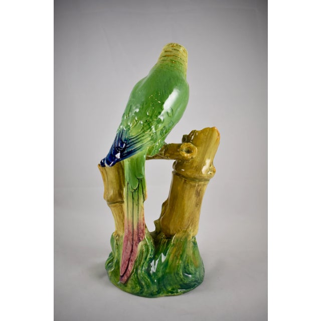 Ceramic French Delphin Massier Parrot on Bamboo Double Vase, Signed For Sale - Image 7 of 15