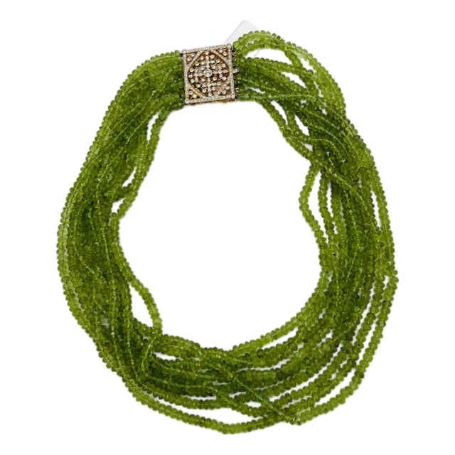 Peridot and Diamond Multi-Strand Necklace in 14k Yellow Gold For Sale