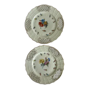Antique Fischer & Mieg of Pirkenhammer Bohemian Porcelain Pierced Hand Painted Dessert Plates- Set of 2