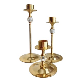 Late 20th-Century Hollywood Regency-Style Brass & Crystal Graduated Candlestick Trio, Hong Kong For Sale