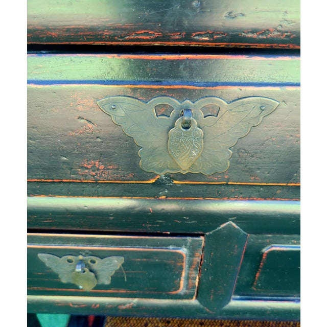 Vintage Black Rustic 5 Drawer Butterfly Hardware Ming Style Leg Console Table For Sale - Image 10 of 11