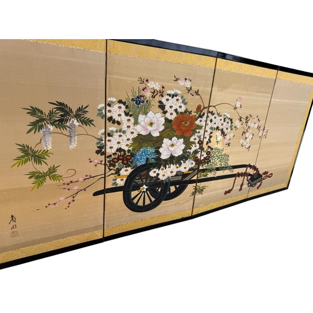 Textile Vintage Byobu Japanese Folding Screen 4 Panel Signed Gold Silk Flower Cart For Sale - Image 7 of 9