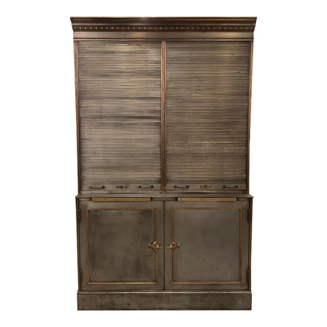 Antique Steel and Brass Roll Top Valuables Safe Display Cabinet For Sale
