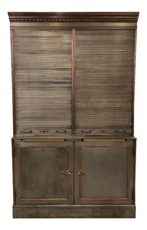 Antique Steel and Brass Roll Top Valuables Safe Display Cabinet