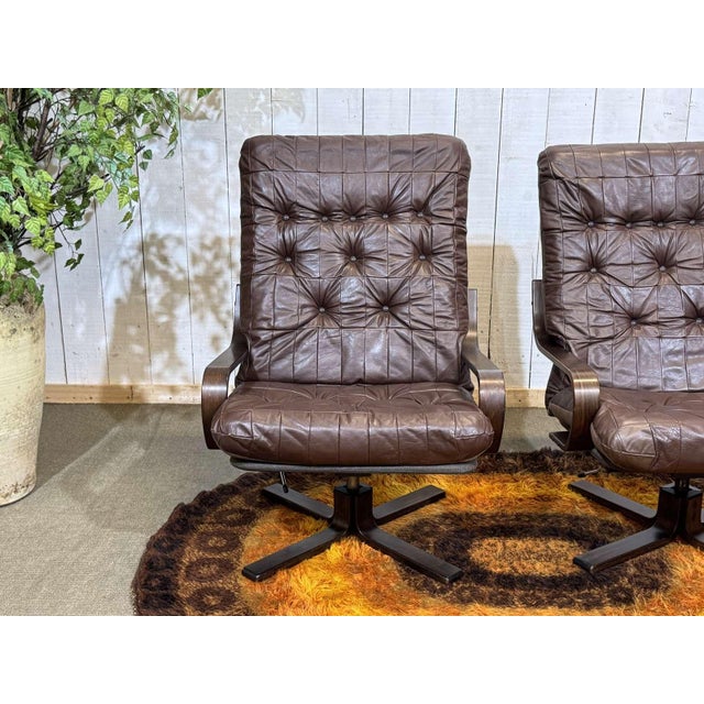 Norwegian Swivel Chairs in Leather and Beech, 1970s, Set of 2 For Sale - Image 6 of 15