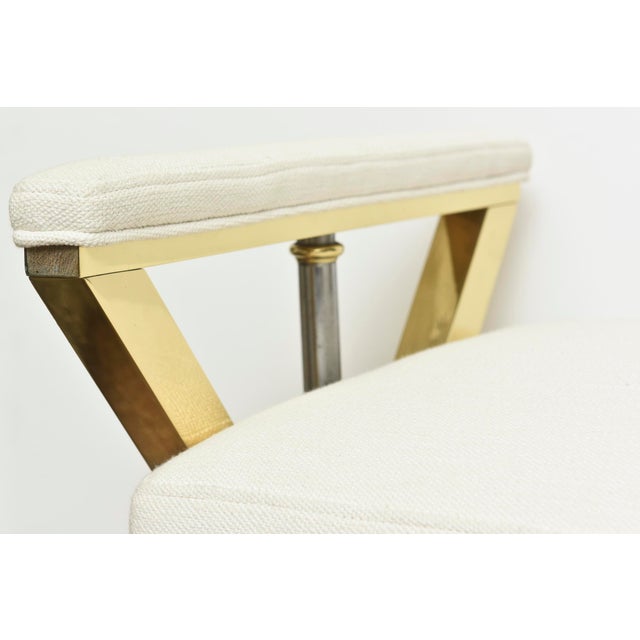 Brass Mid Century Modern 3 Legged Bench With Two Metals and Off White Upholstery, Restored, 1950's For Sale - Image 8 of 11