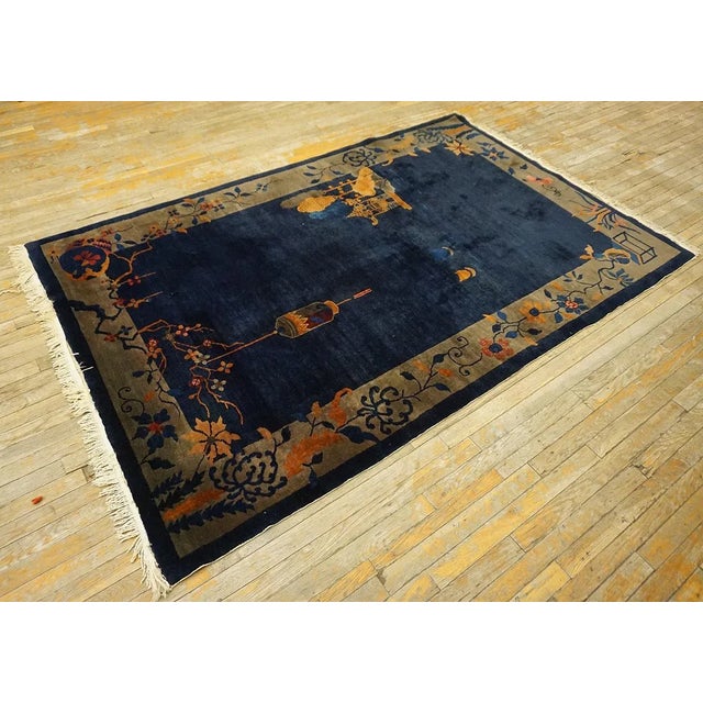 1920s Chinese Art Deco Carpet ( 5' x 7'7" - 153 x 232 ) Blue Wool Knotted Rectangle Antique Chinese Small Scatter Size...