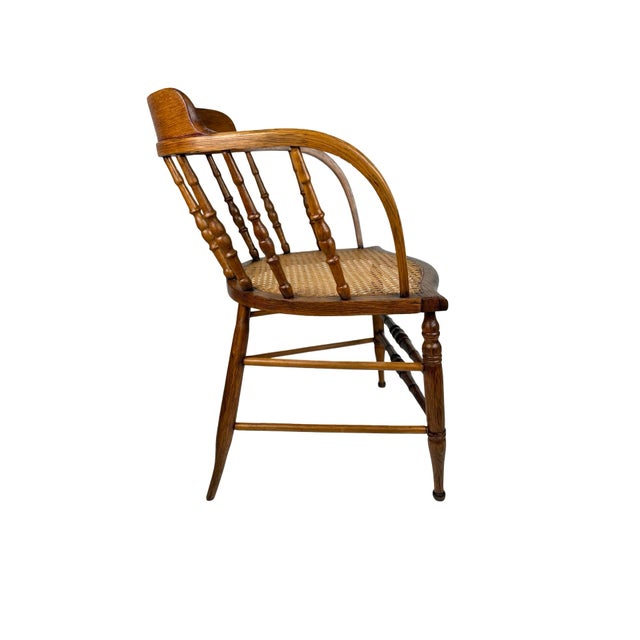 Late 19th Century Victorian Oak Barrel Back Armchair With Cane Seat For Sale - Image 4 of 8