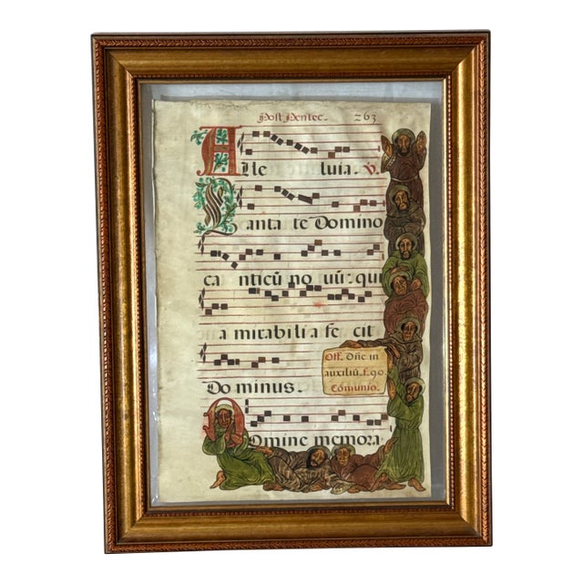 17th Century Framed Illuminated Gregorian Chant Manuscript Page With Monastic Illustrations For Sale