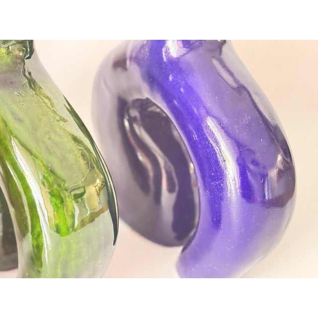 Vase in Enameled Ceramic Green, Blue and White, Italy, 1970s, Set of 3 For Sale - Image 6 of 12