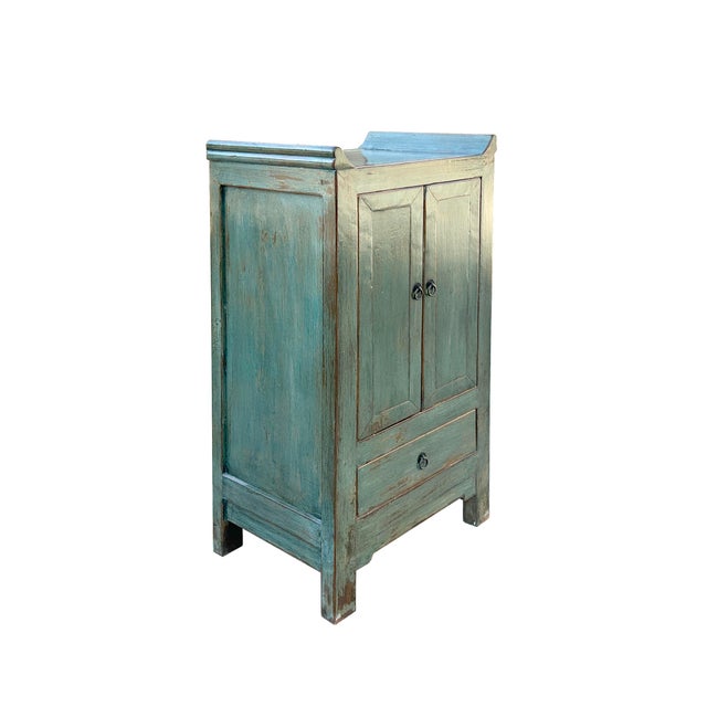 Abstract Distressed Sage Green Slim Narrow Point Edge Side Table Credenza Cabinet For Sale - Image 3 of 5