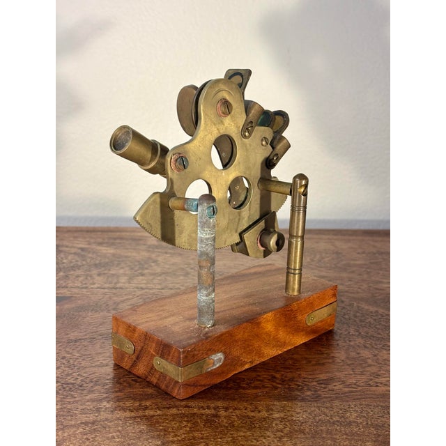 Early 20th Century Antique Brass Nautical Sextant on Hardwood Display Stand, Maritime Instrument For Sale - Image 5 of 6
