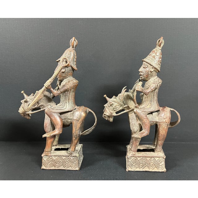 Pair of African Tribal Art Benin Bronze Warrior Figures on Horseback For Sale - Image 9 of 16