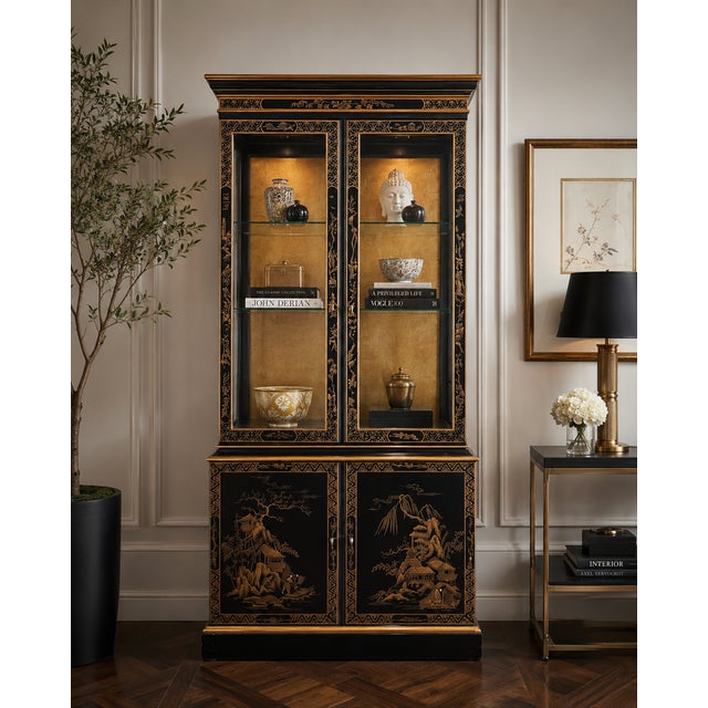 A striking Drexel Heritage illuminated display cabinet showcasing classic Chinoiserie design with intricate gilt...