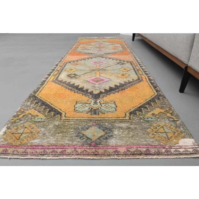 1970s Turkish Hand-Knotted Wool Cotton Orange Runner Rug For Sale - Image 10 of 12