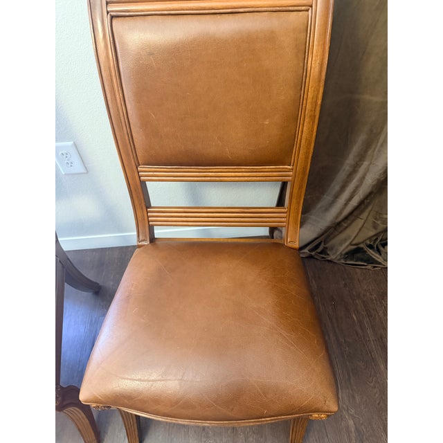 Pair of Bernhardt Handcrafted Wood & Leather Dining Chairs Made in Thailand For Sale - Image 9 of 11