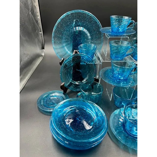 Blue Vintage Mexican Blue Art Glass Dessert or Appetizer Set- 30 Pieces For Sale - Image 8 of 12