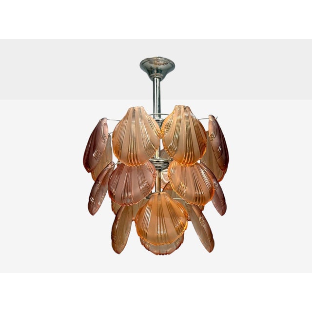 Mid-Century Modern, Small Pendant Light or Chandelier, Orange Shell Motif Murano Glass, Chrome, USA, 1960s A mid-century...