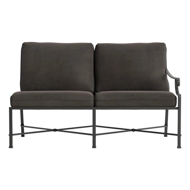 Brown Jordan Venetian Right Arm Loveseat, Textured Pewter frame with Fusion Charcoal fabric For Sale