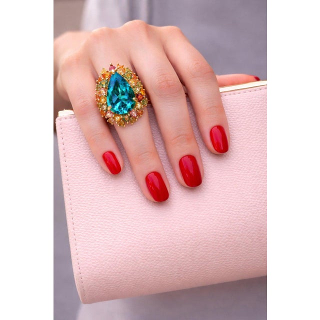 Gemstone Bochic “Capri” Vintage Pink, Green & Yellow Sapphire & Ring — 18K Gold & Silver For Sale - Image 7 of 12