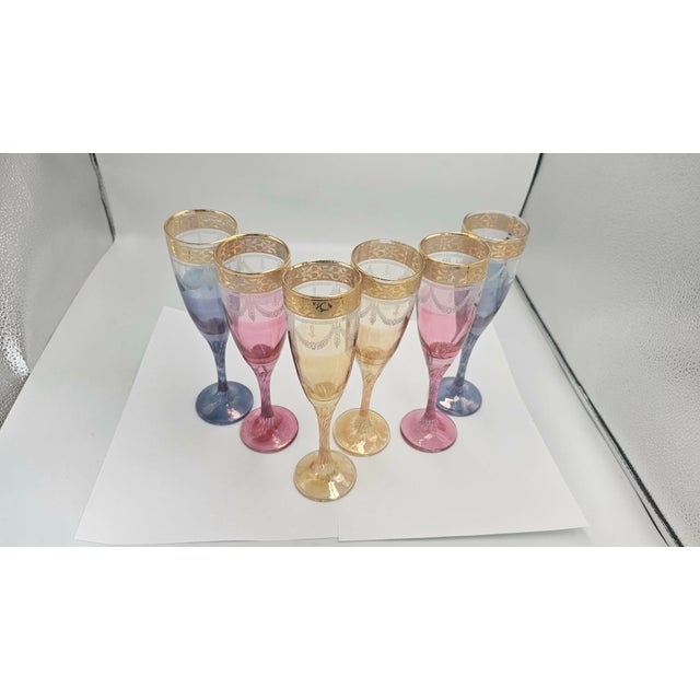 Glass Murano Glass Champagne Glasses with Gold Rims, 1970s, Set of 6 For Sale - Image 7 of 9