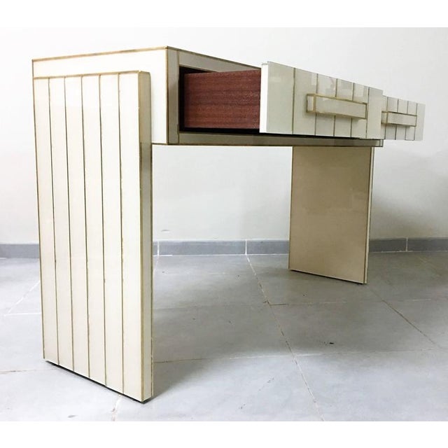 Mid-Century Modern 21st Century Two-Drawer Mirrored Glass and Brass Writing Desk or Console For Sale - Image 3 of 8