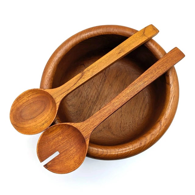 1970s Teak Wood Bowl and Serving Utensils, Set of 3 Pieces For Sale - Image 9 of 11