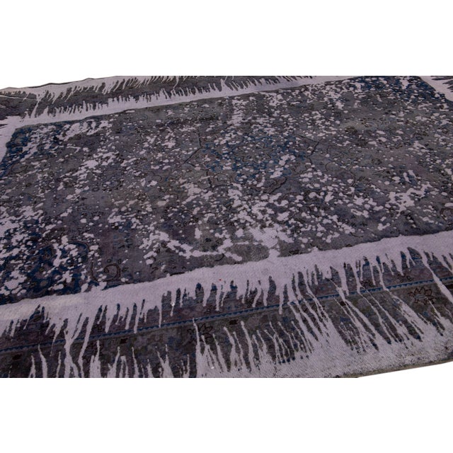 Vintage Distressed Handmade Floral Gray and Blue Wool Rug For Sale - Image 4 of 11