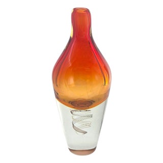 Murano-Style Sommerso Art Glass Vase With Amber Overlay and Internal Swirl, 12" For Sale