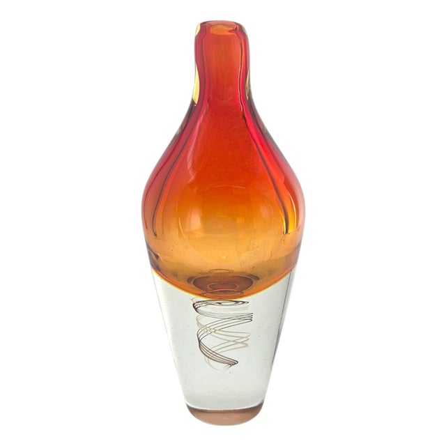 Murano-Style Sommerso Art Glass Vase With Amber Overlay and Internal Swirl, 12" For Sale