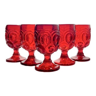 1950s L E Smith L G Wright “Moon & Stars” Set of 5 Ruby Red Water Glasses For Sale