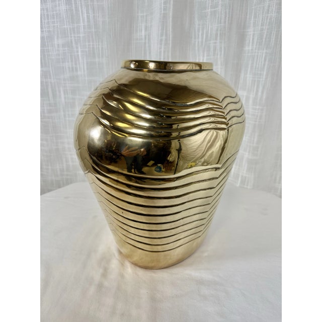 Vintage Art Deco Style Embossed Polished Brass Vase For Sale In Mobile - Image 6 of 8