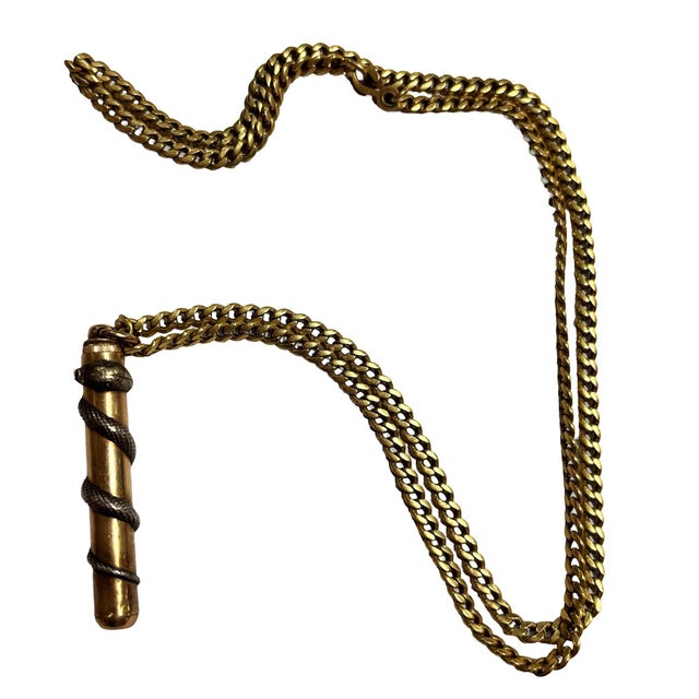 Art Nouveau 1970s 18k Gold Plate Pendant Fairchild Serpent Pencil W/ Curb Link Chain Necklace For Sale - Image 3 of 6