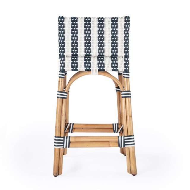 Dove Gray Serienna 24.5 in. Seat Height Rectangular Rattan Low Back Counter Stool, White/Navy Stripe/ Natural Rattan Frame For Sale - Image 8 of 11