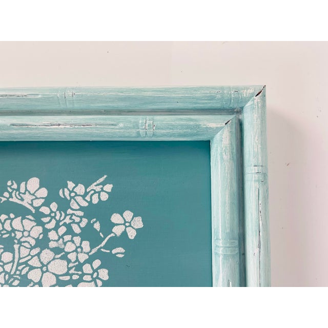 Contemporary Aqua Blue & White Floral Painting in Distressed Vintage Frame - Unsigned For Sale - Image 4 of 9