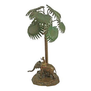 1900 Austrian Cold Painted Bronze Accent Lamp Elephant & Palm Tree Orientalist Decor For Sale