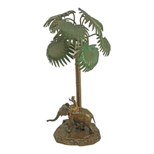 1900 Austrian Cold Painted Bronze Accent Lamp Elephant & Palm Tree Orientalist Decor