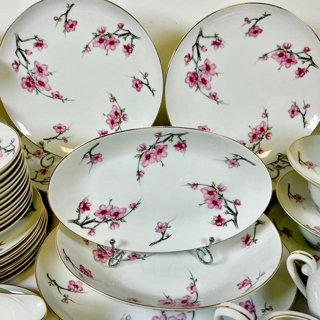 Ceramic 1940s Vintage Hollywood Regency Japanese Minimalist Cherry Blossom Dinnerware - Set of 56 For Sale - Image 7 of 14