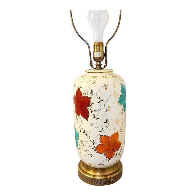 Vintage Mid-Century Modern Hand-Painted Ceramic Table Lamp With Grape Leaves & Gold, Brass Base For Sale
